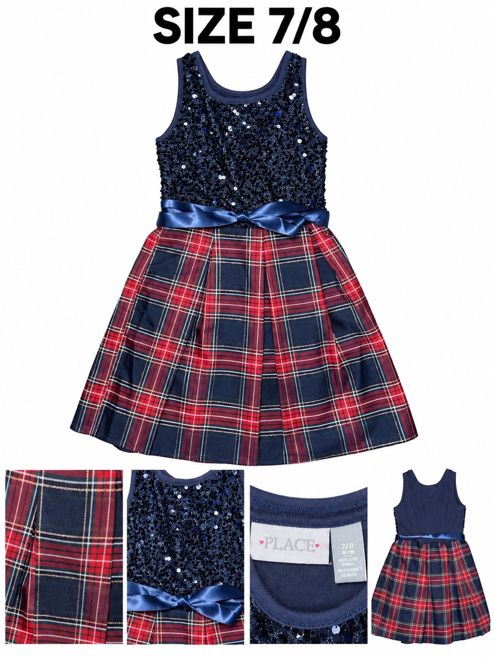 The Children's Place Navy Sequin Bodice with Red Plaid Skirt Dress